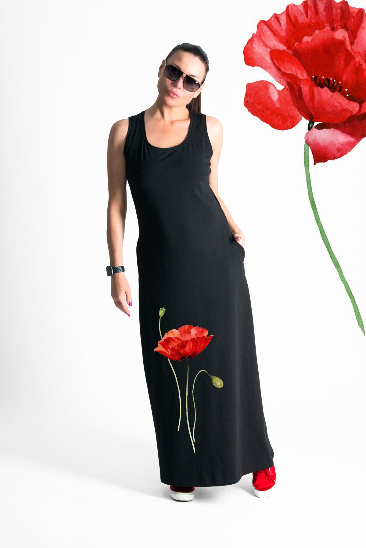 jersey long sleeveless print dress #black