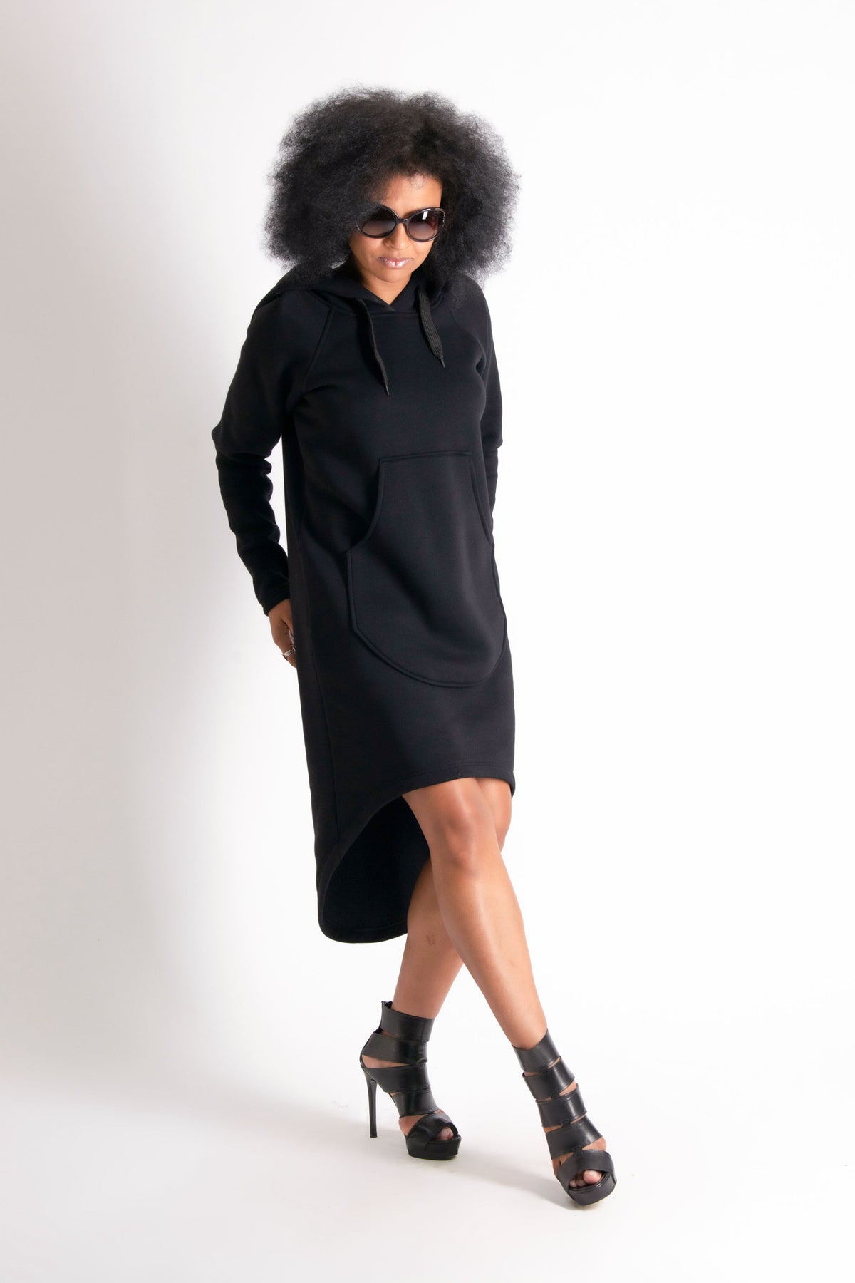 Black cotton fleece hooded dress - asymmetric cut and spacious front pocket, Taylor | EUG Fashion #black