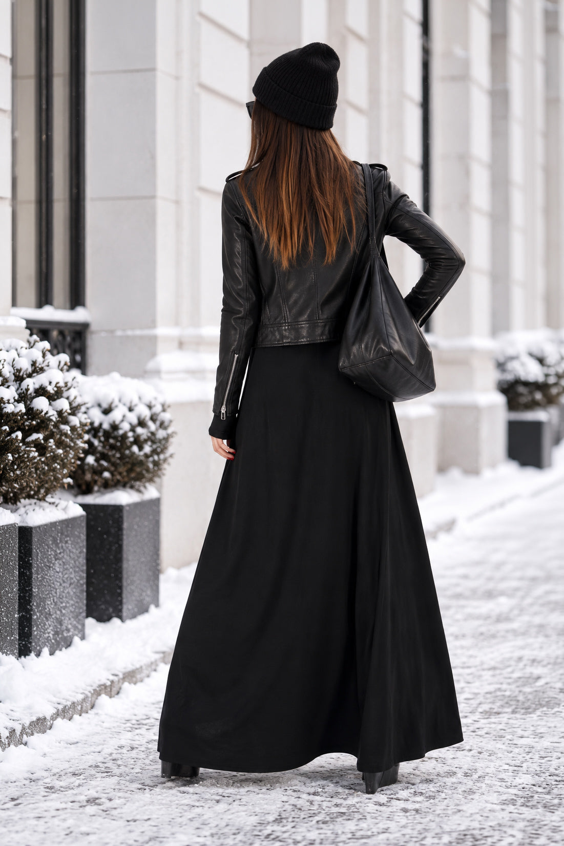 Black punto milano turtleneck maxi dress Vivian with thumb holes and pockets - EUG Fashion #black
