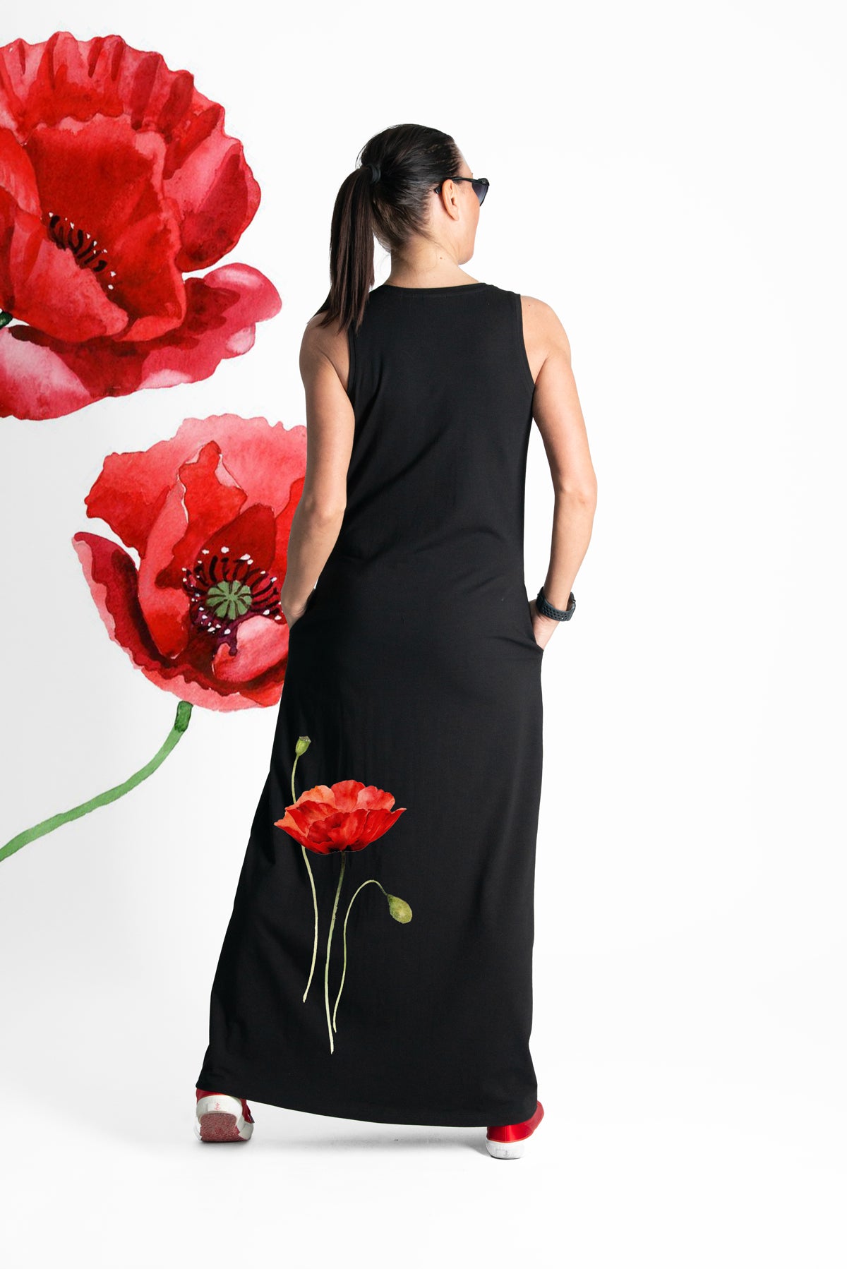 jersey long sleeveless print dress #black