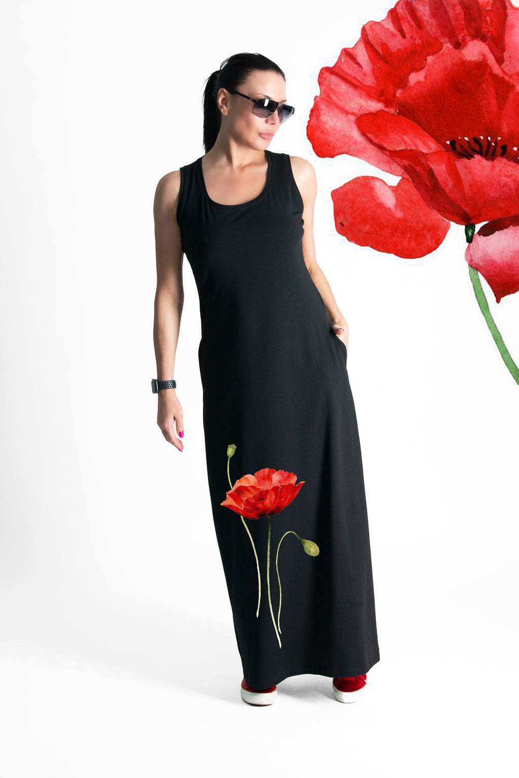 jersey long sleeveless print dress #black