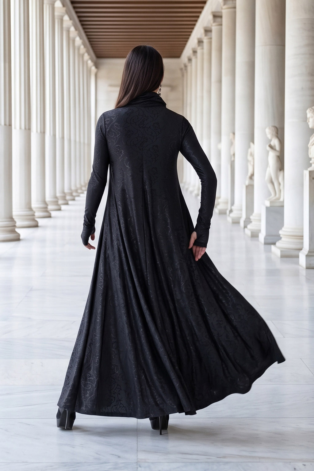 Black floral embroidered turtleneck maxi dress Veronica with silk threads - EUG Fashion #black
