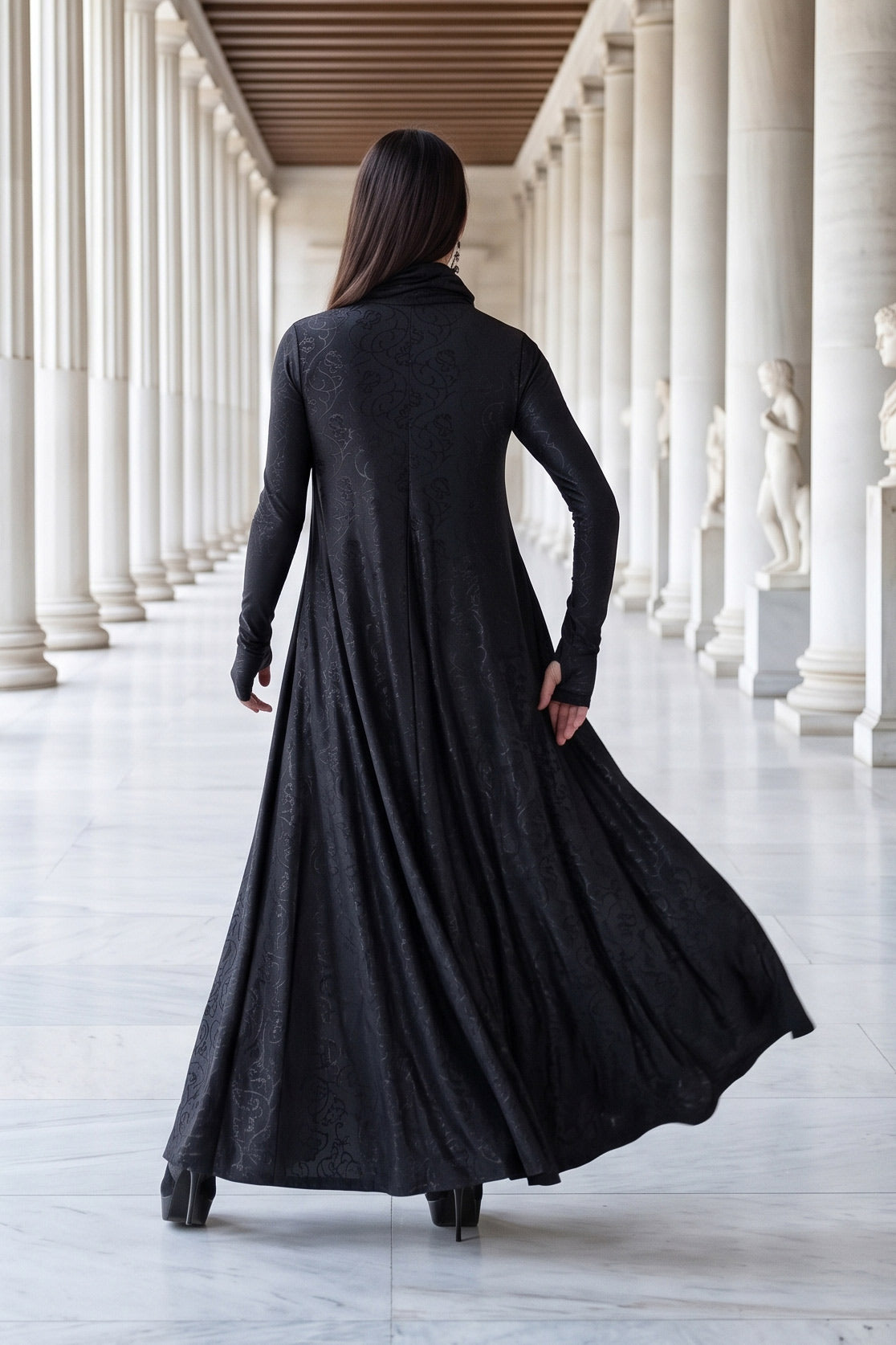 Black floral embroidered turtleneck maxi dress Veronica with silk threads - EUG Fashion #black
