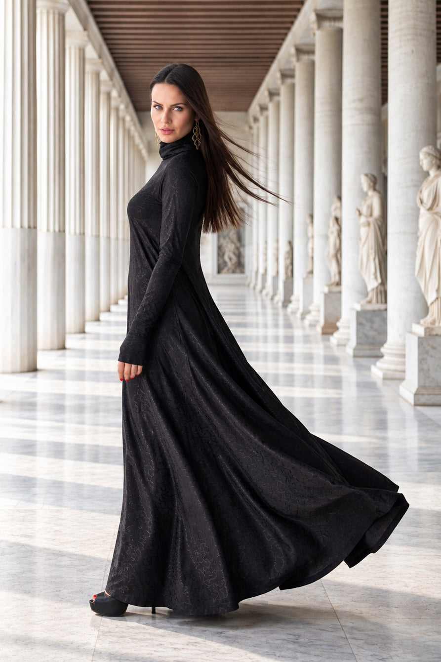 Black floral embroidered turtleneck maxi dress Veronica with silk threads - EUG Fashion #black
