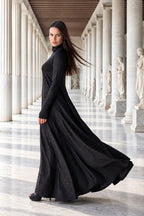 Black floral embroidered turtleneck maxi dress Veronica with silk threads - EUG Fashion #black
