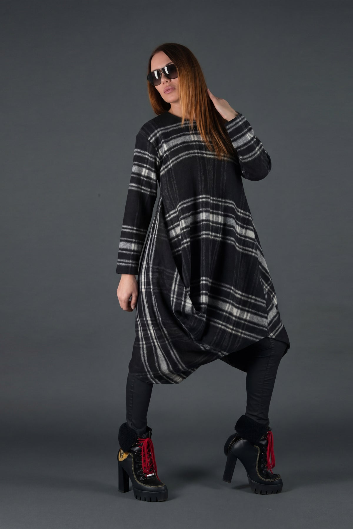 Plaid wool asymmetric dress Holly - EUG Fashion
