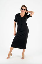 black long v neck dress #black
