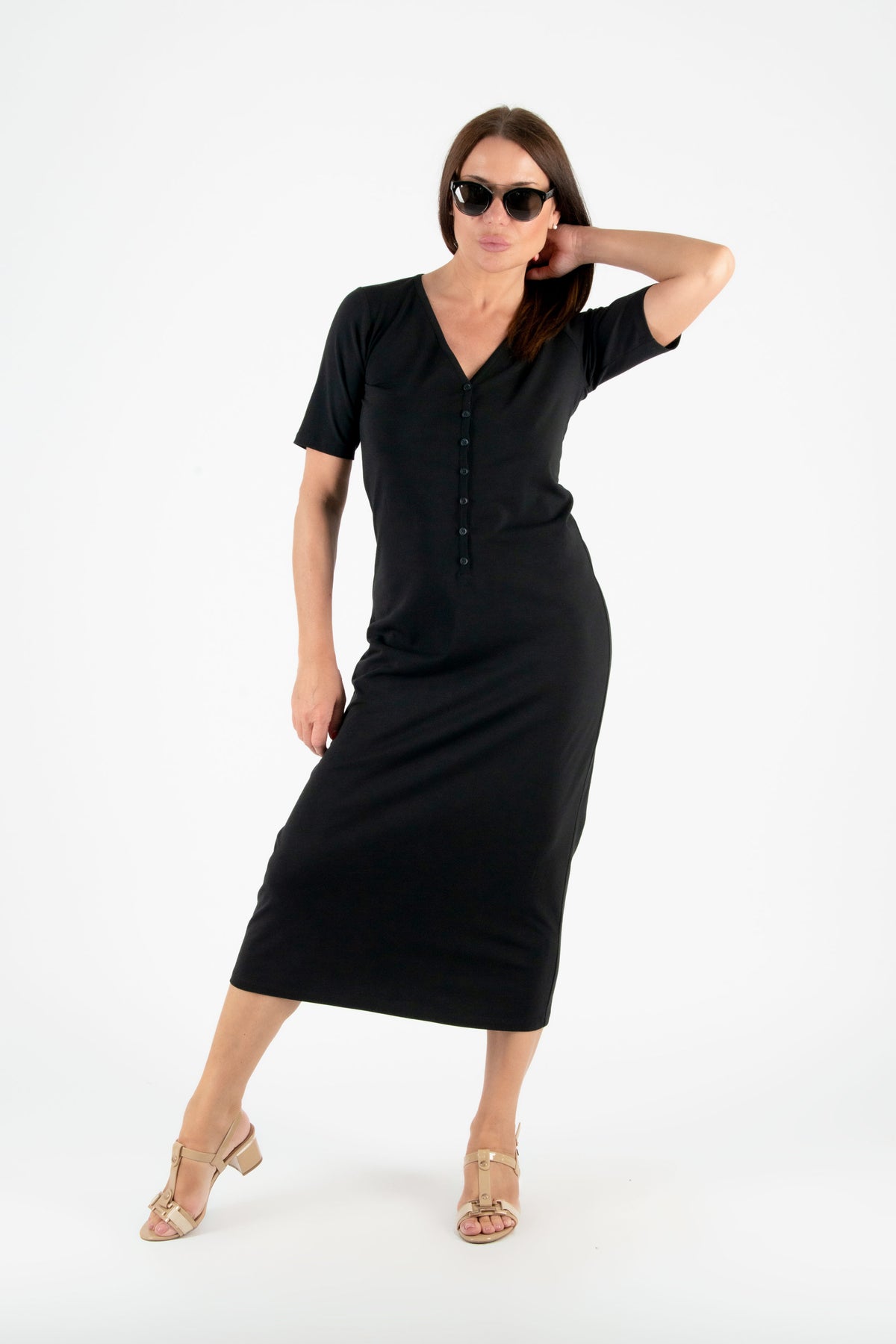 black long v neck dress #black