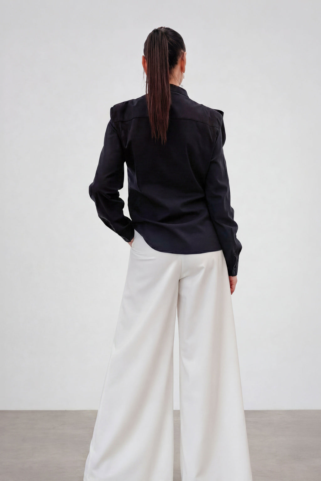 Black ruffle trim cotton shirt with high button-up closure and long cuffed sleeves, Ivana | EUG Fashion #black