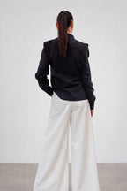 Black ruffle trim cotton shirt with high button-up closure and long cuffed sleeves, Ivana | EUG Fashion #black
