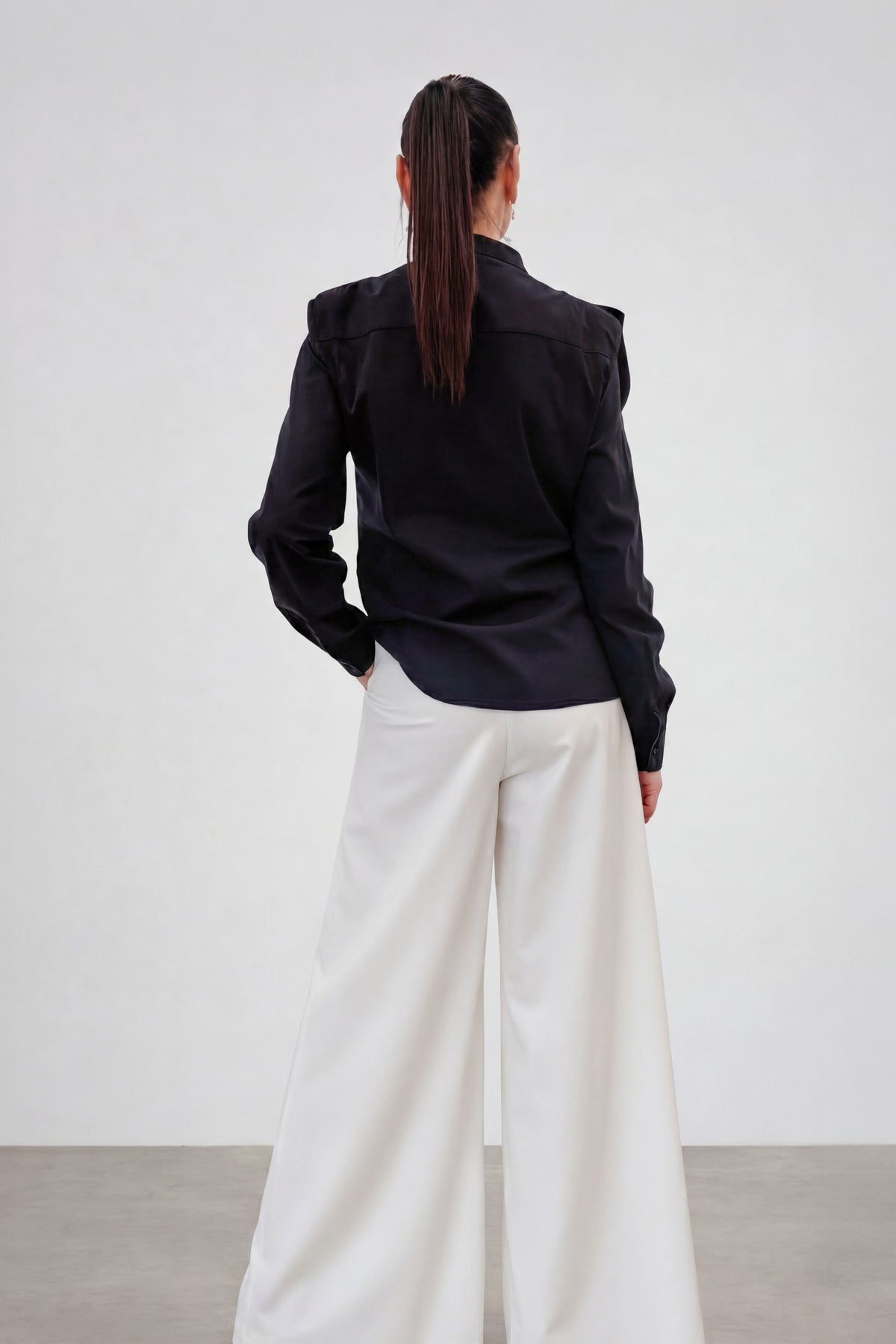 Black ruffle trim cotton shirt with high button-up closure and long cuffed sleeves, Ivana | EUG Fashion #black