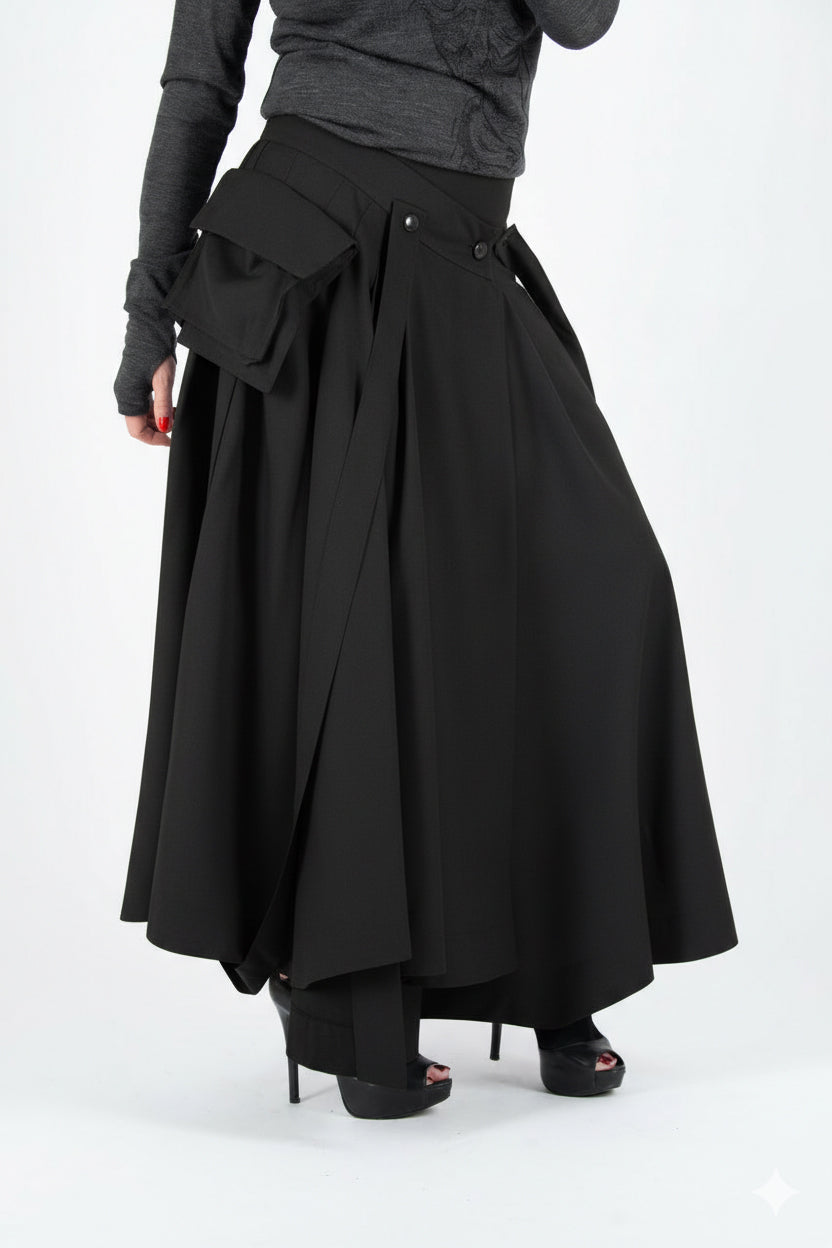 Black skirt worn by a person on a white background