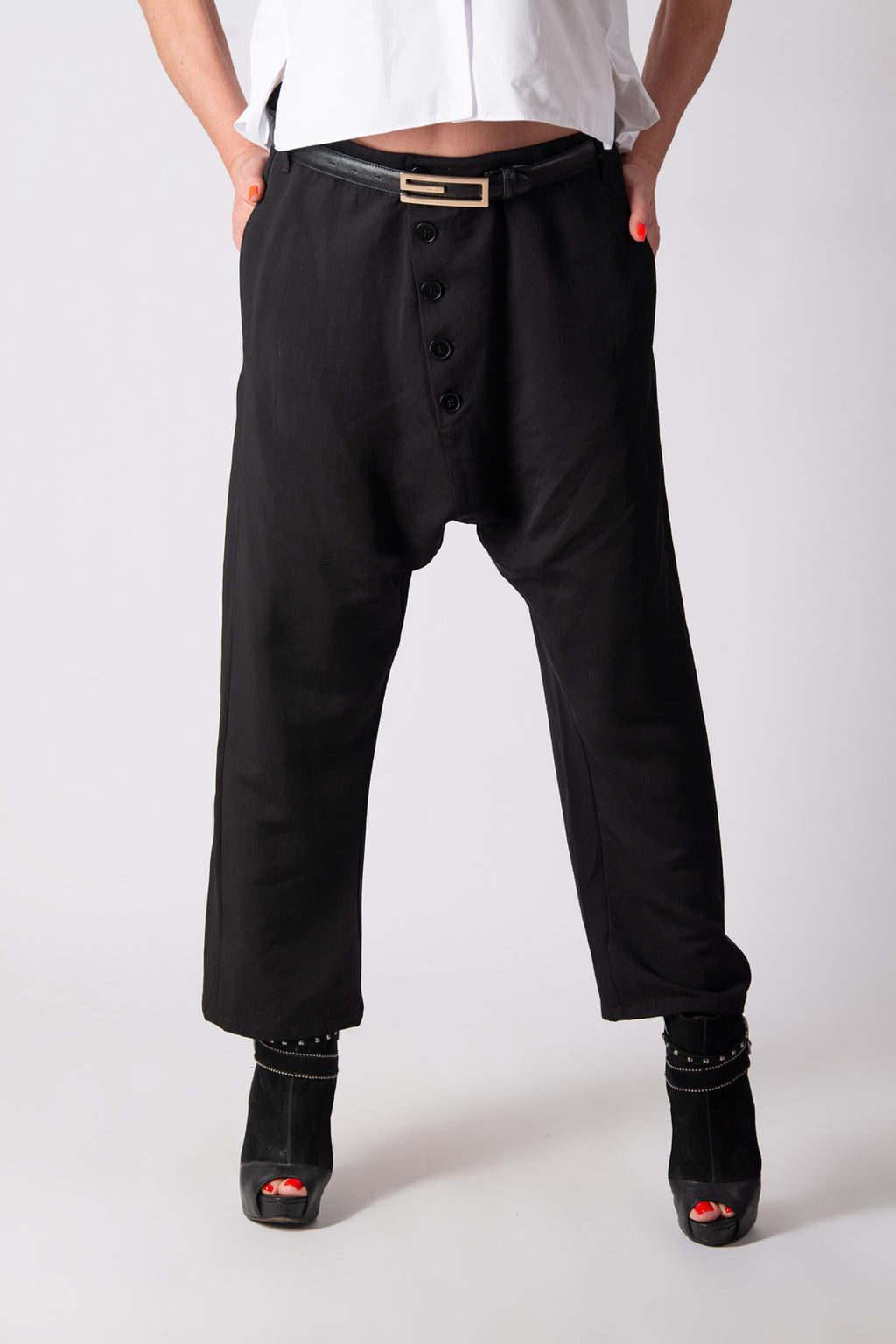 Black cotton satin drop-crotch pants Mauren — EUG Fashion
