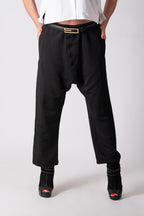 Black cotton satin drop-crotch pants Mauren — EUG Fashion
