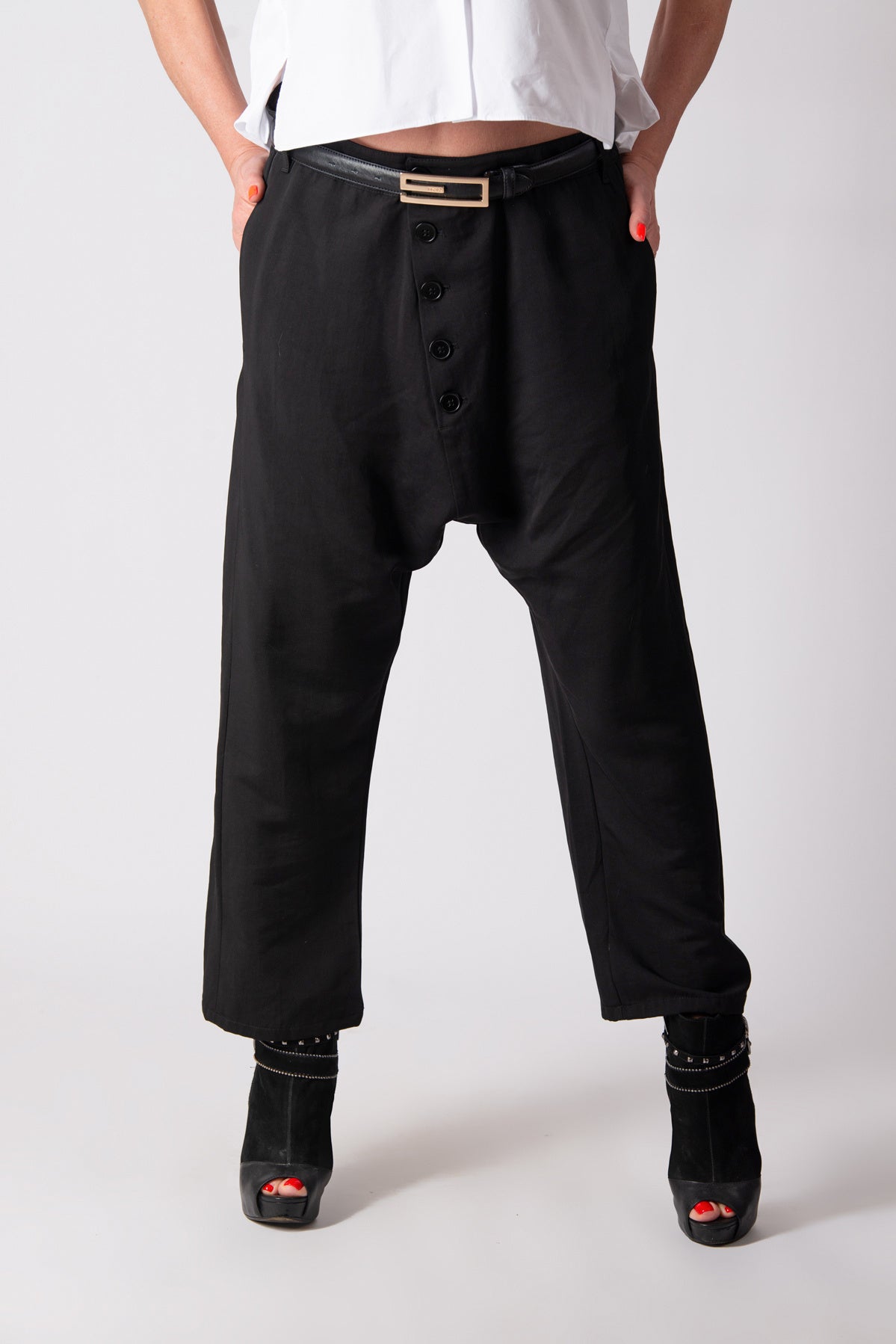 Black cotton satin drop-crotch pants Mauren — EUG Fashion
