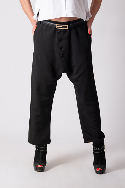 Black cotton satin drop-crotch pants Mauren — EUG Fashion

