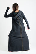 Black hooded maxi dress Tina cotton terry with neoprene back band - EUG Fashion #black
