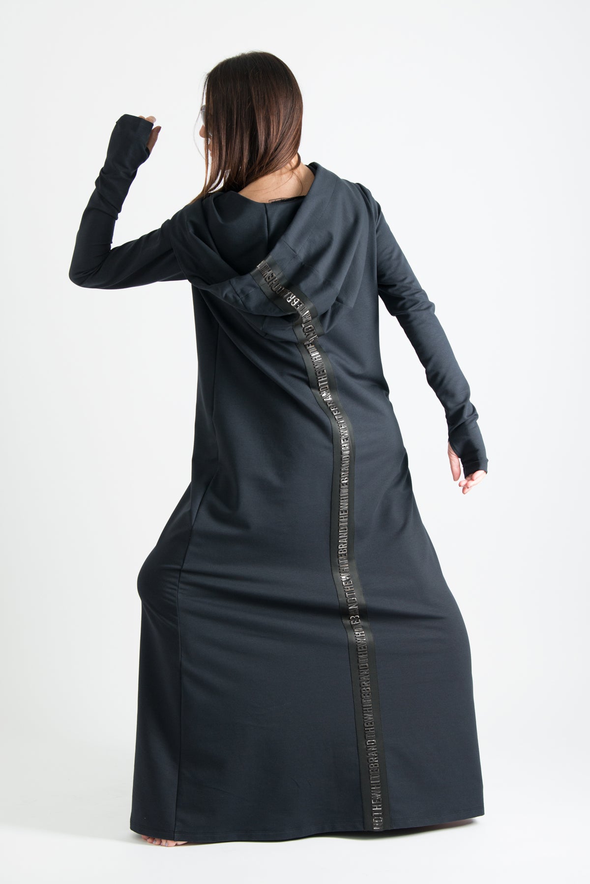Black hooded maxi dress Tina cotton terry with neoprene back band - EUG Fashion #black
