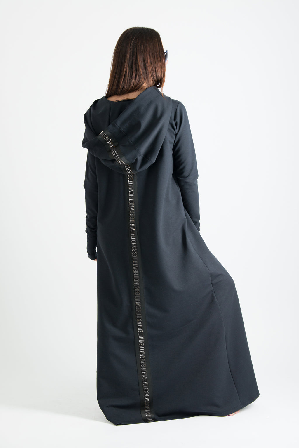 Black hooded maxi dress Tina cotton terry with neoprene back band - EUG Fashion #black

