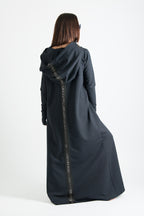 Black hooded maxi dress Tina cotton terry with neoprene back band - EUG Fashion #black

