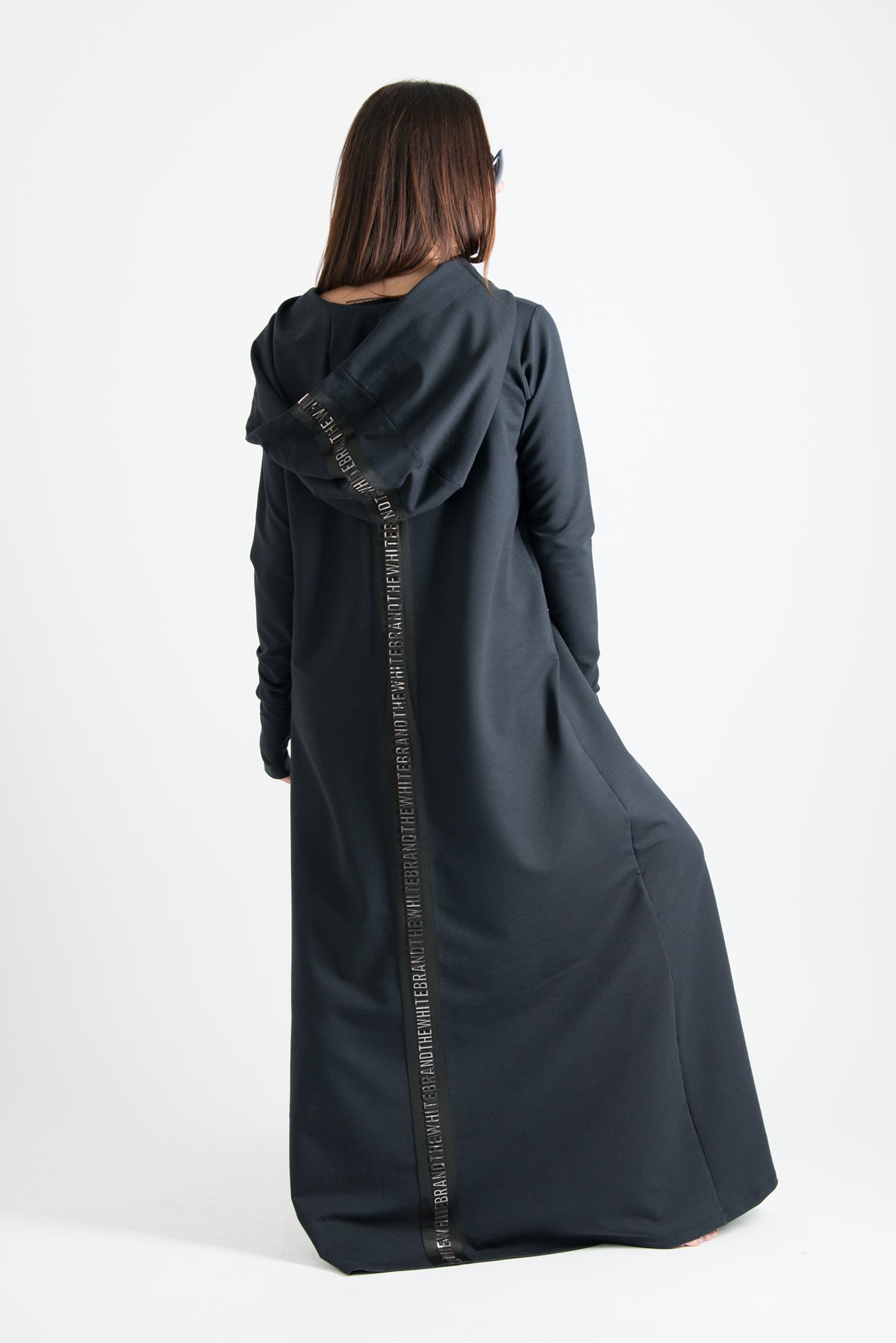 Black hooded maxi dress Tina cotton terry with neoprene back band - EUG Fashion #black

