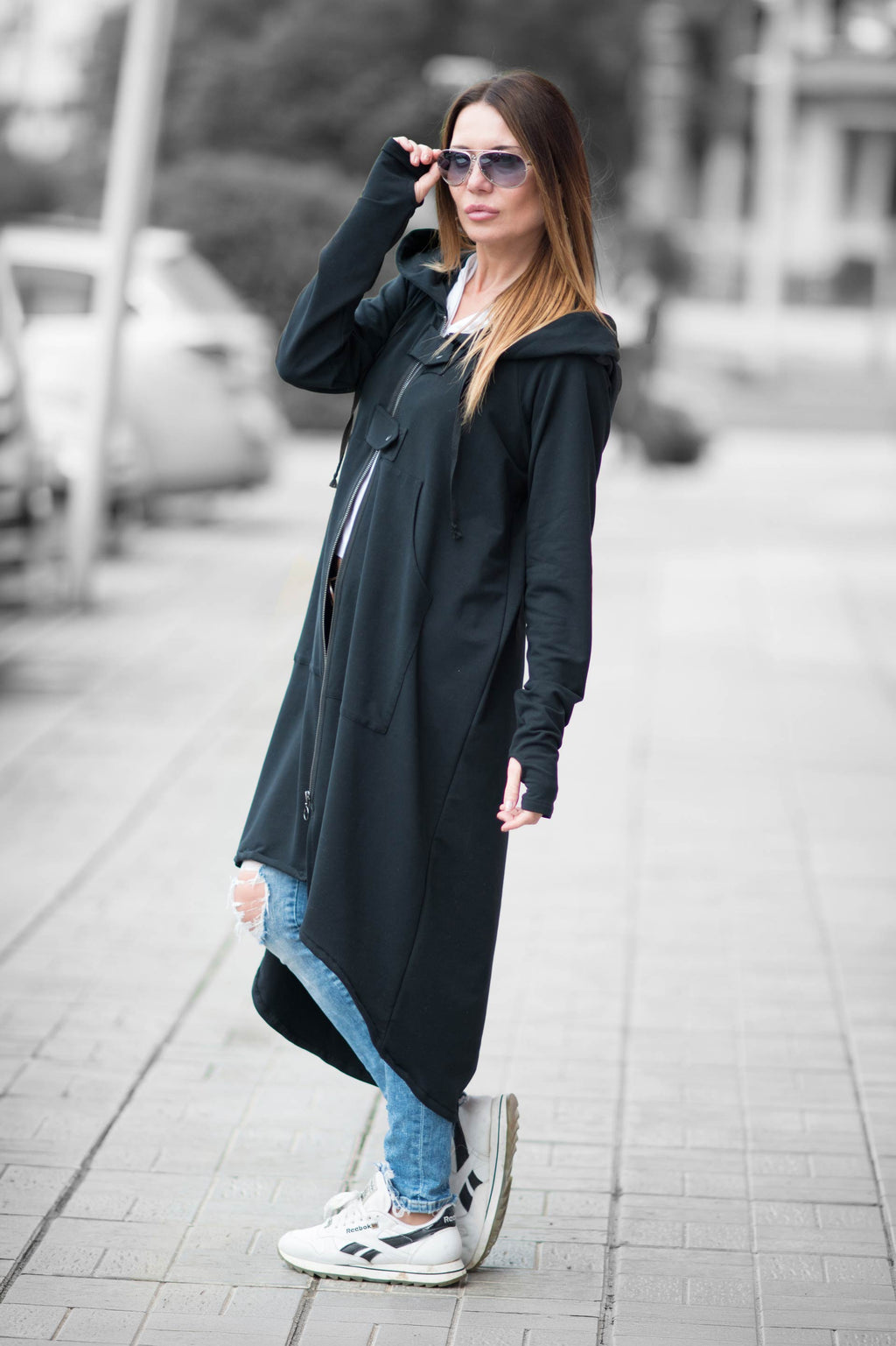 Black cotton terry long zip-up sweatshirt - large hood, adjustable drawstring hem and back slit, Madison | EUG Fashion #black