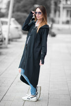 Black cotton terry long zip-up sweatshirt - large hood, adjustable drawstring hem and back slit, Madison | EUG Fashion #black