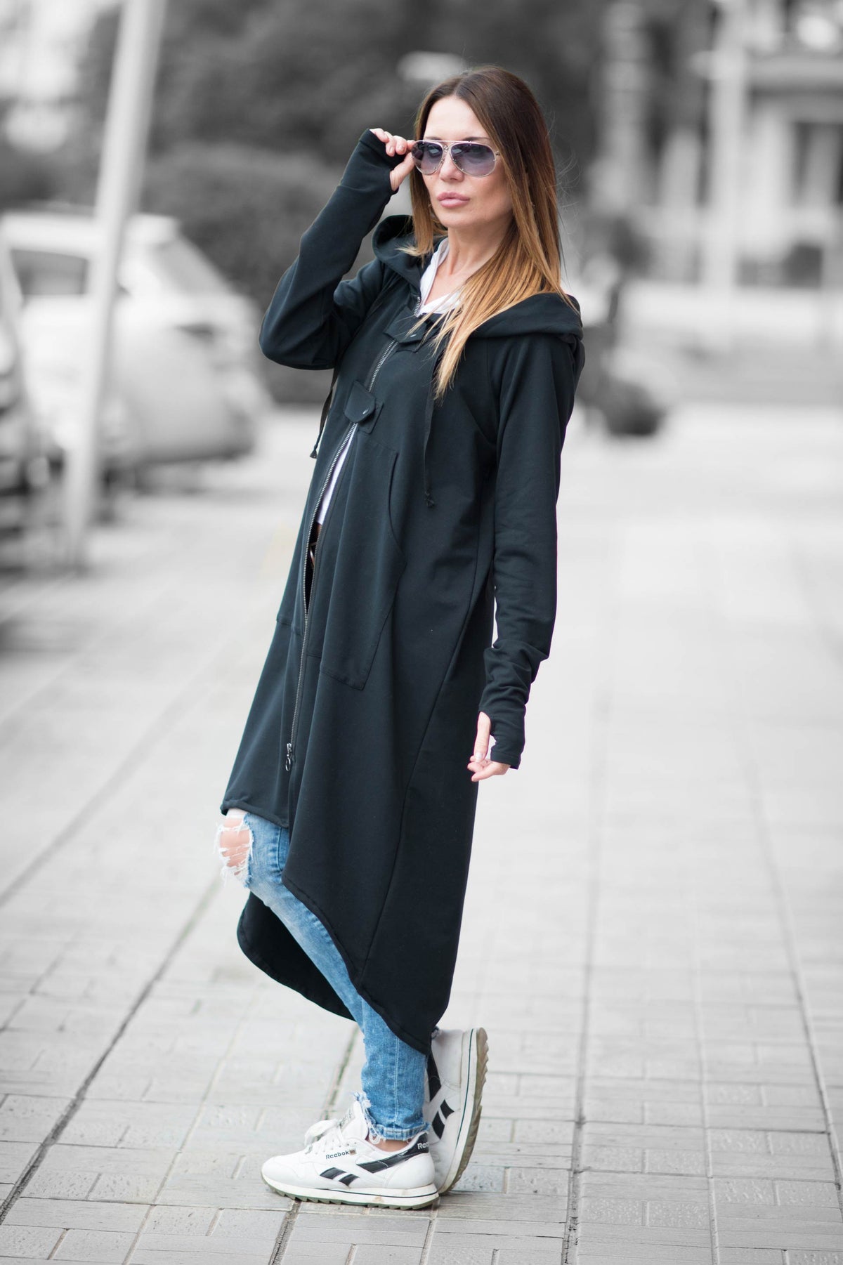 Black cotton terry long zip-up sweatshirt - large hood, adjustable drawstring hem and back slit, Madison | EUG Fashion #black