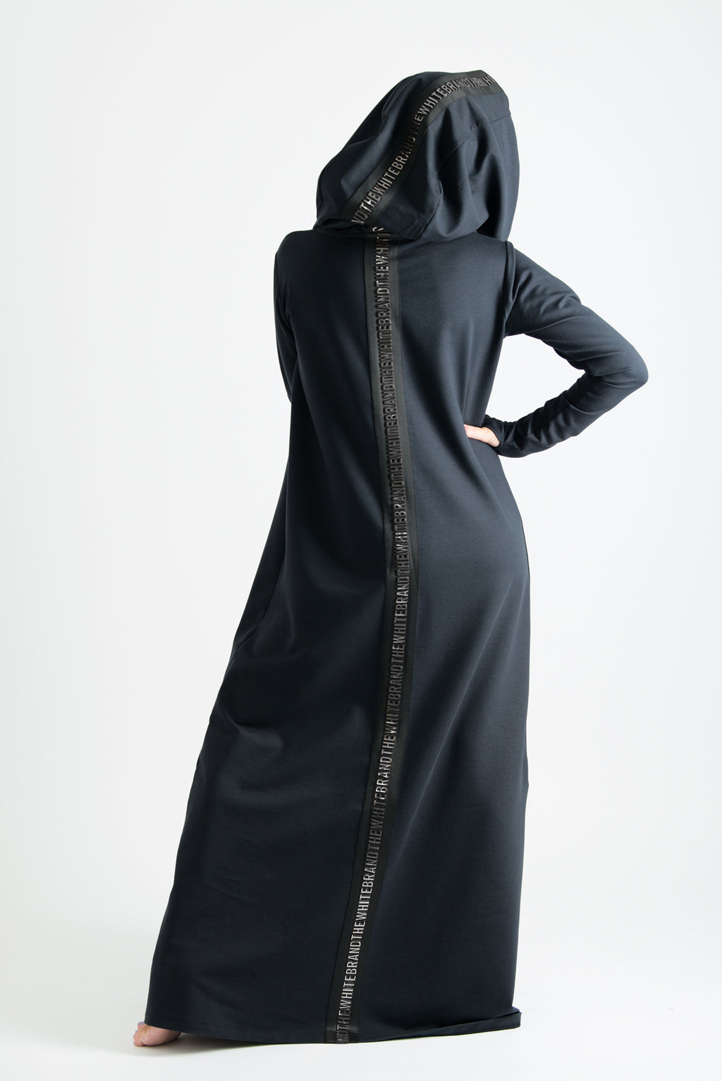 Black hooded maxi dress Tina cotton terry with neoprene back band - EUG Fashion #black

