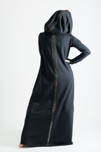 Black hooded maxi dress Tina cotton terry with neoprene back band - EUG Fashion #black

