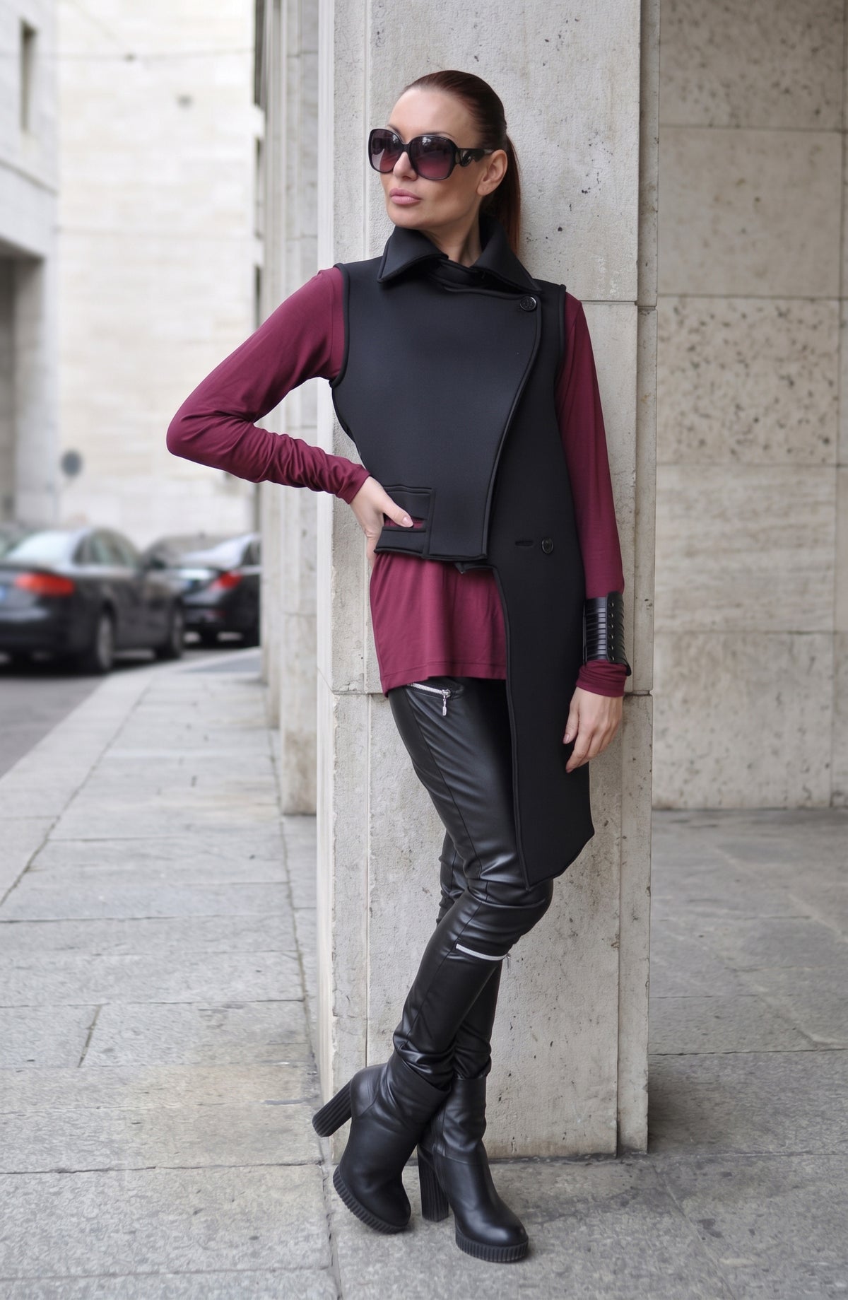 Black asymmetric neoprene vest with button closure and raw unfinished edges - unlined, statement back, Ariel | EUG Fashion #black
