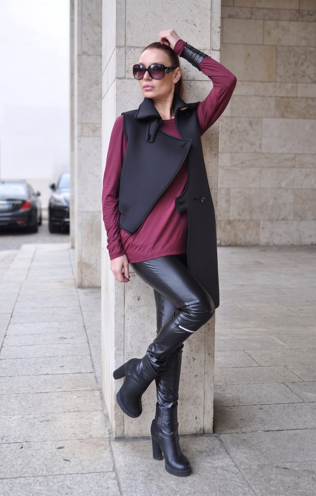 Black asymmetric neoprene vest with button closure and raw unfinished edges - unlined, statement back, Ariel | EUG Fashion #black
