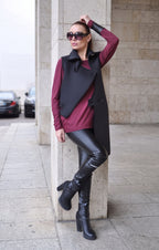 Black asymmetric neoprene vest with button closure and raw unfinished edges - unlined, statement back, Ariel | EUG Fashion #black
