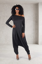 Black jersey harem jumpsuit - boat neckline, fitted sleeves and loose draped silhouette with tapered legs, Marla | EUG Fashion