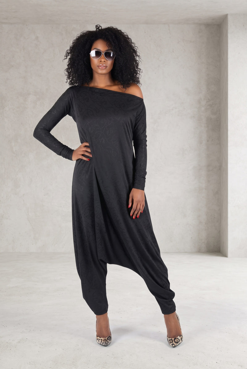 Black jersey harem jumpsuit - boat neckline, fitted sleeves and loose draped silhouette with tapered legs, Marla | EUG Fashion