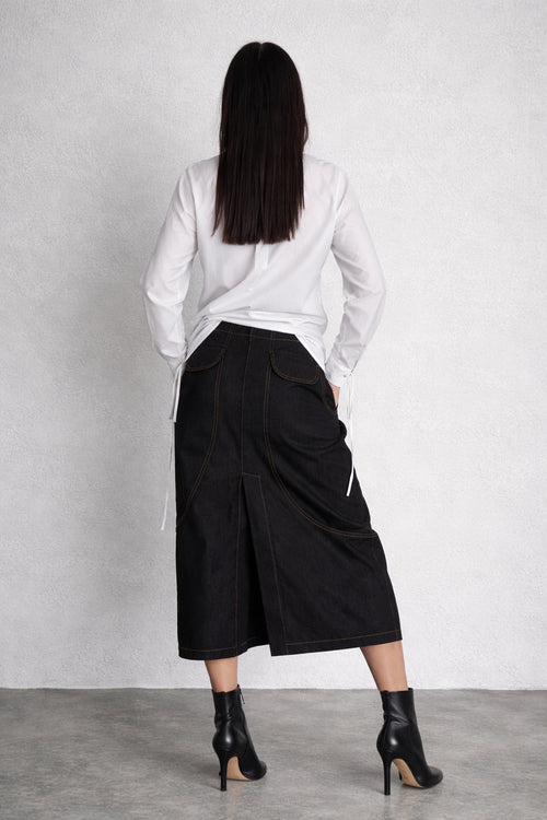 Black denim barrel skirt Huanita with topstitching front pockets and back slit - EUG Fashion #black
