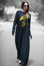 black jumpsuit with front african woman golden print - eug fashion