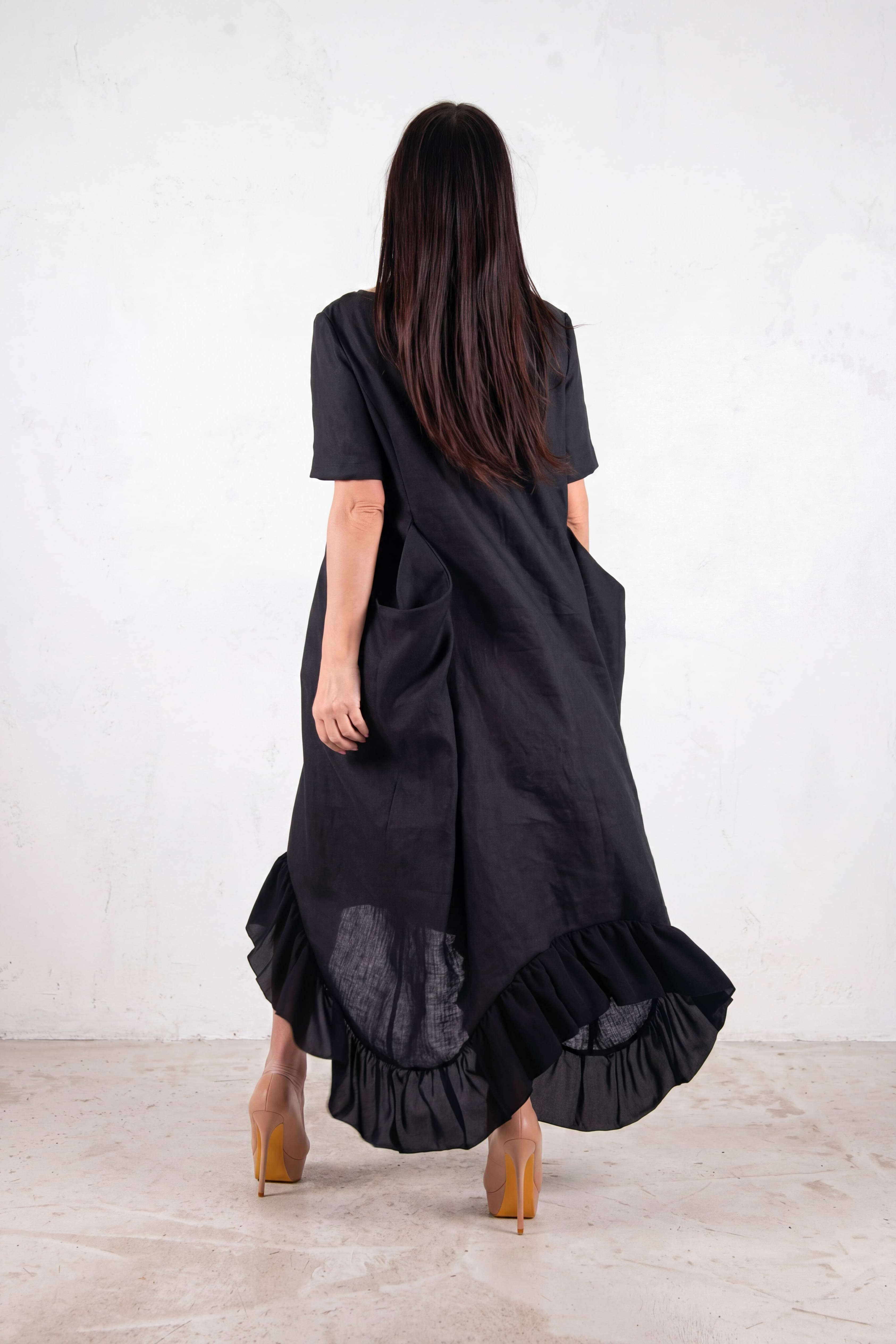 linen wide summer dress - EUG fashion #black