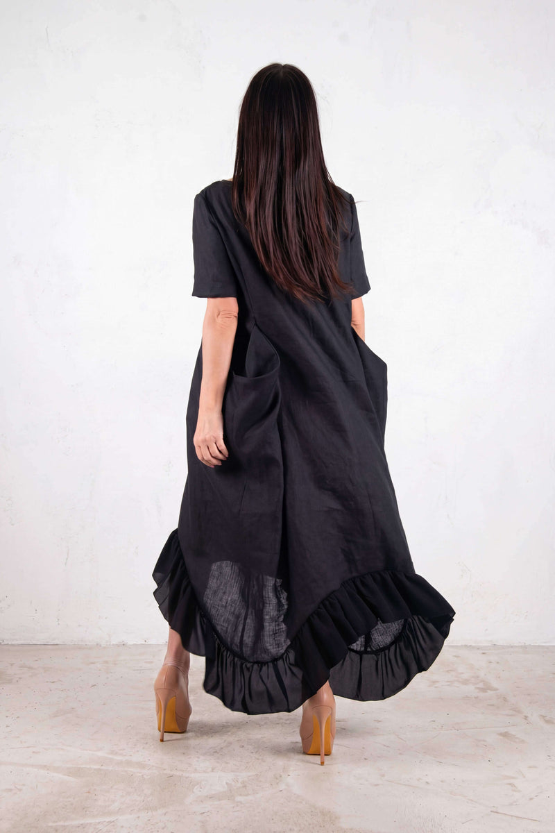 linen wide summer dress - EUG fashion #black