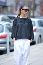 black wide linen top