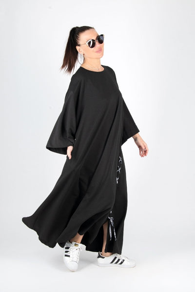 Black Long Cotton dress SAVINA - EUG Fashion EugFashion 