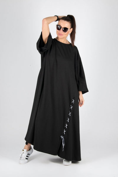 Black Long Cotton dress SAVINA - EUG Fashion EugFashion 