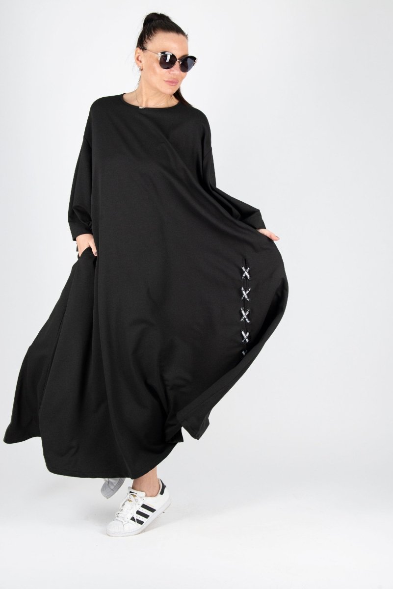 Black Long Cotton dress SAVINA - EUG Fashion