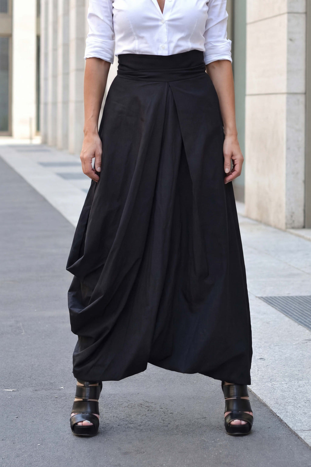 Black balloon cotton skirt Fantasy with high waist and decorative tie - EUG Fashion #black
