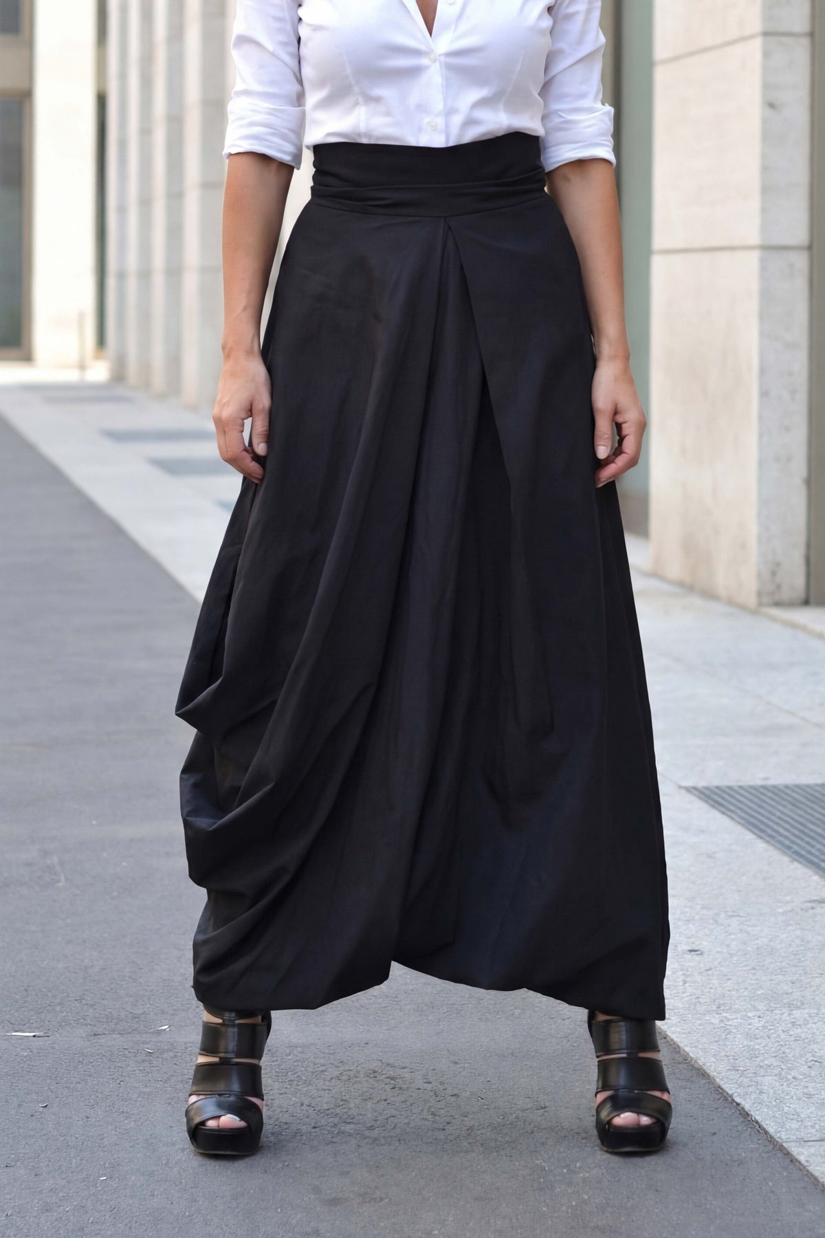 Black balloon cotton skirt Fantasy with high waist and decorative tie - EUG Fashion #black
