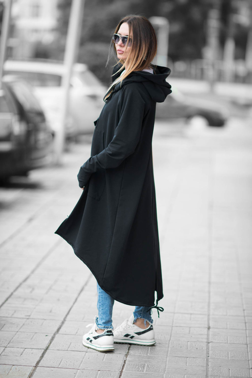 Black cotton terry long zip-up sweatshirt - large hood, adjustable drawstring hem and back slit, Madison | EUG Fashion #black