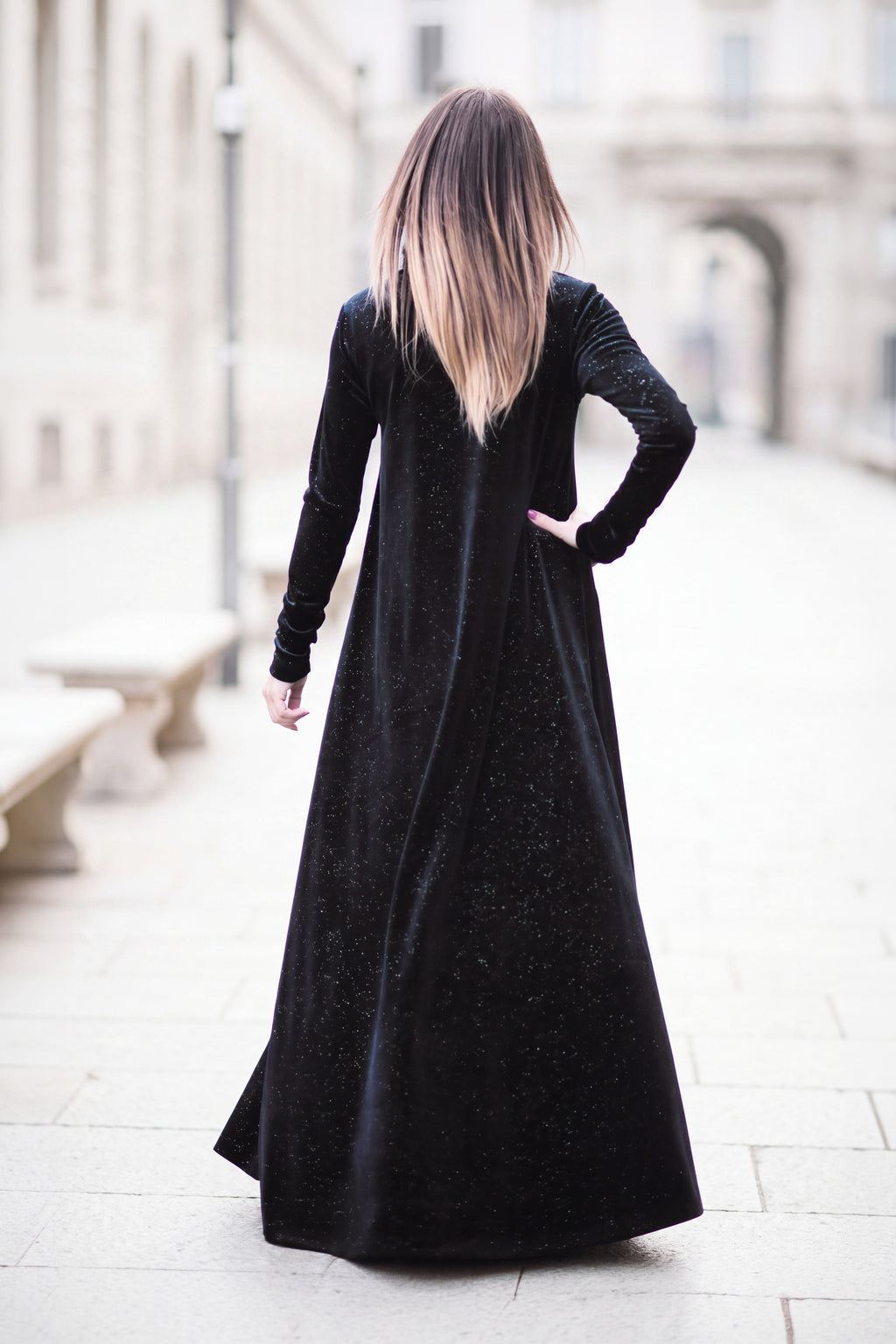 Black shimmer silk velvet A-line dress Vivian with polo neckline - EUG Fashion #black
