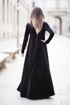 Black shimmer silk velvet A-line dress Vivian with polo neckline - EUG Fashion #black
