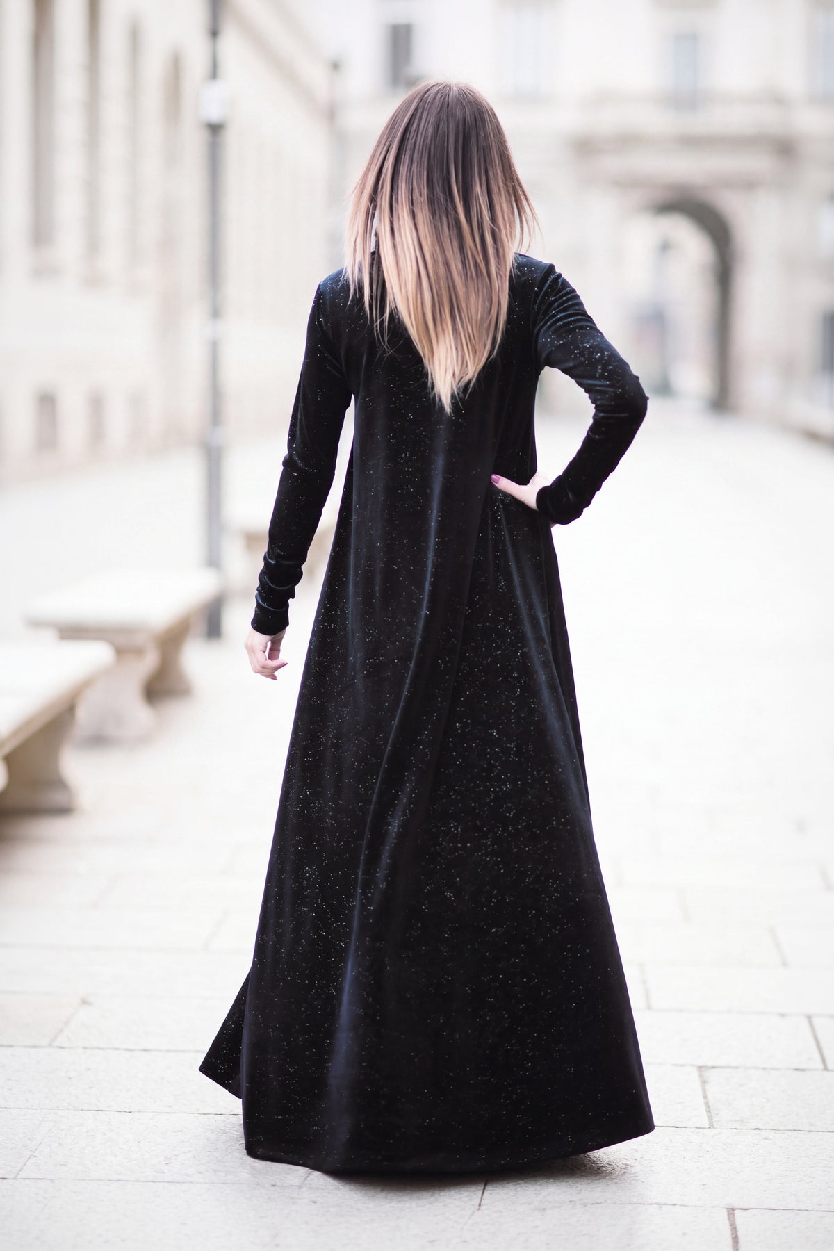 Black shimmer silk velvet A-line dress Vivian with polo neckline - EUG Fashion #black
