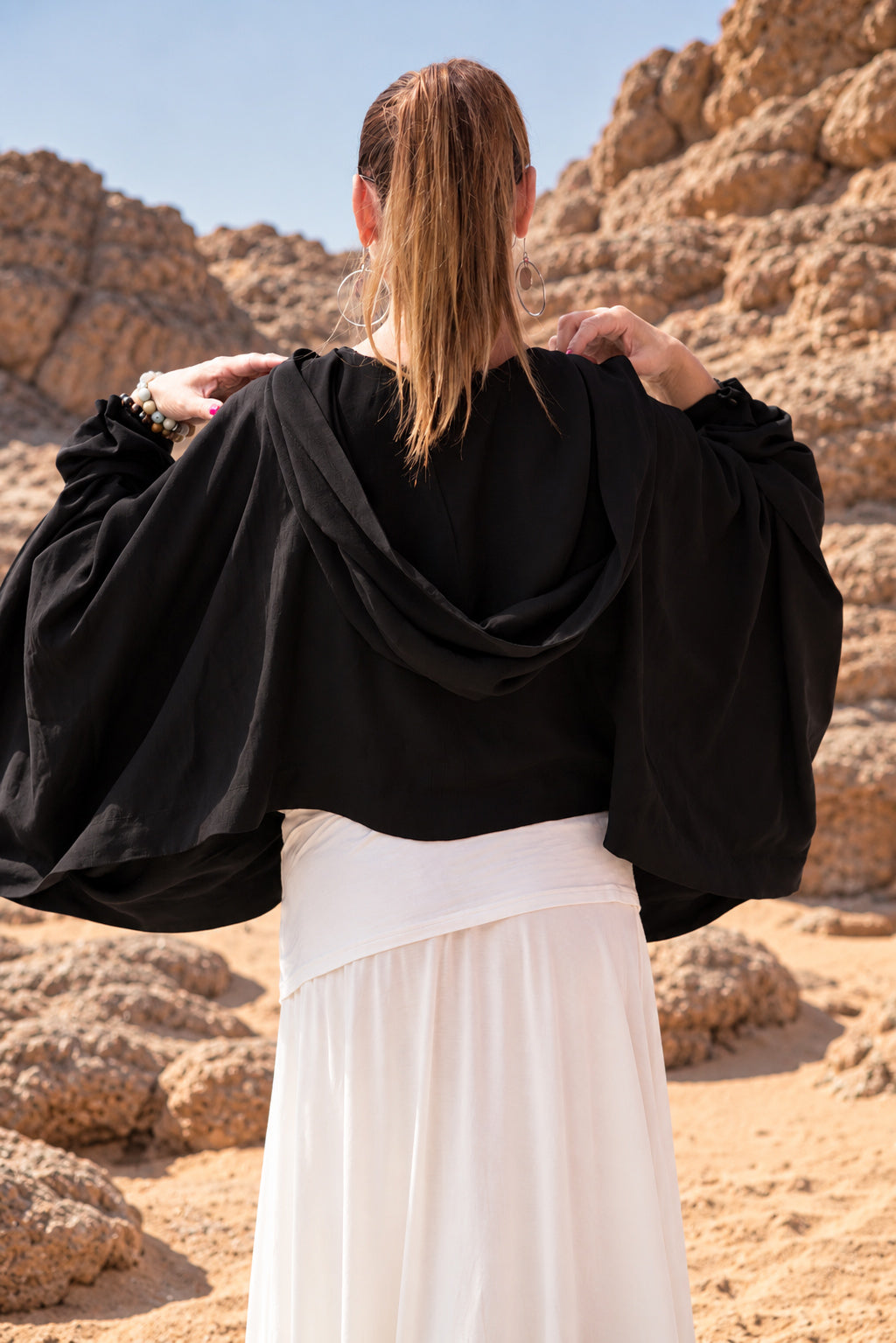 Black short cotton viscose bolero with matching hood and very wide sleeves - lightweight cape, Anastasia | EUG Fashion #black
